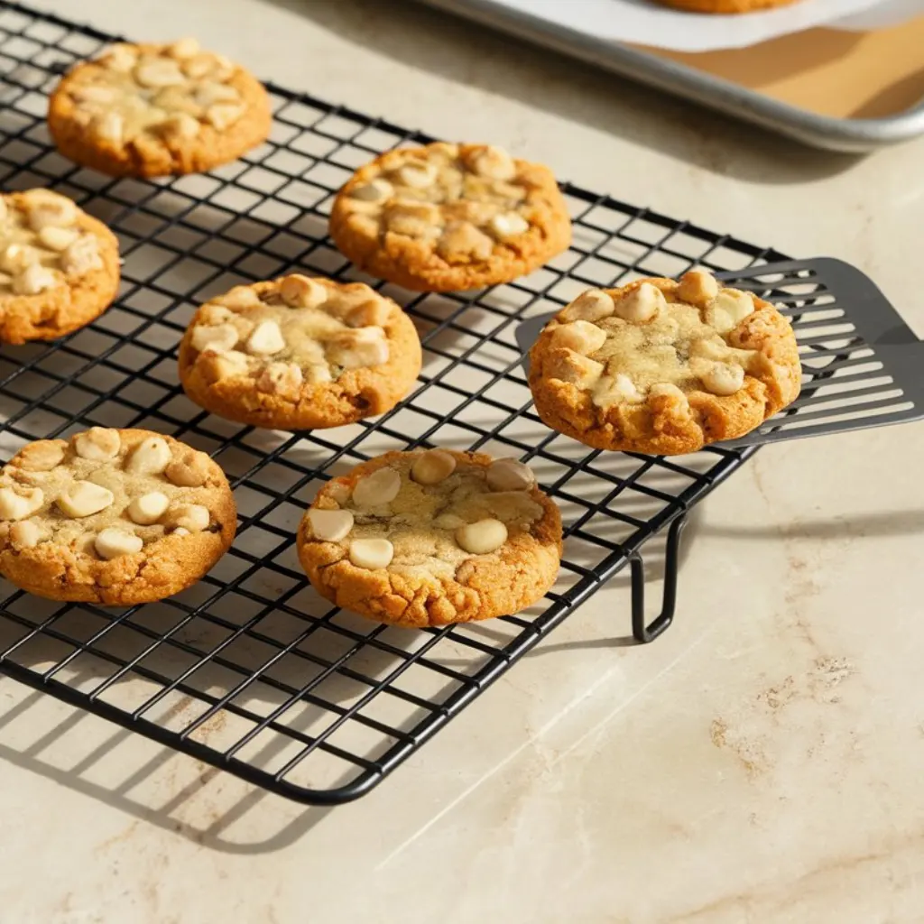 White chocolate macadamia nut cookies cooling on wire rack with spatula transferring cookie from baking sheet on marble counter