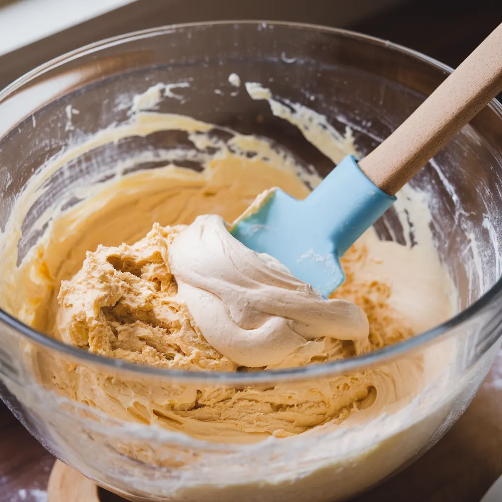 Cool Whip and cake mix together mixing cool whip cookie dough in glass bowl showing soft, sticky texture during preparation