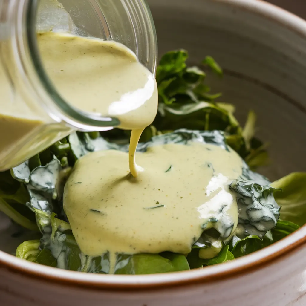 Creamy Green Goddess dressing being poured over fresh salad greens in a white bowl.