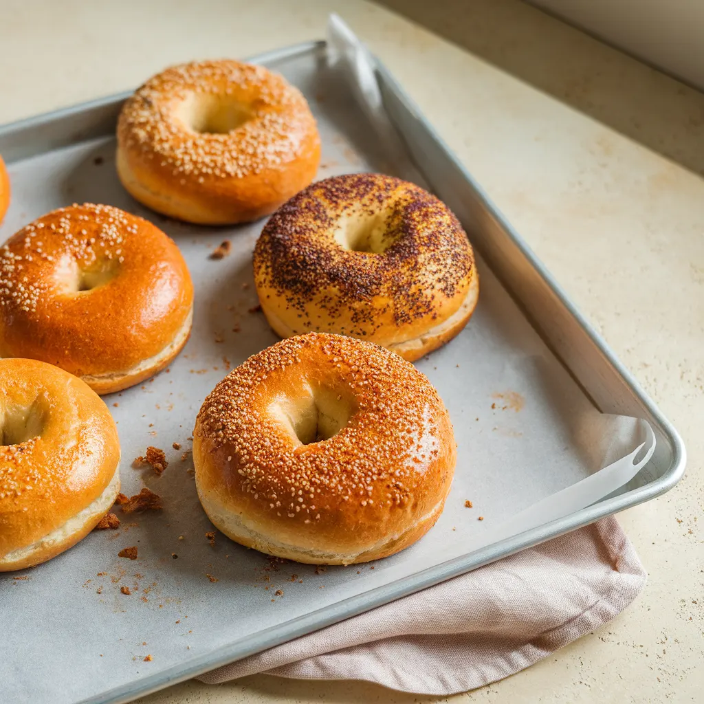 Freshly baked golden homemade bagels Freshly baked golden homemade bagels cooling on a baking tray.