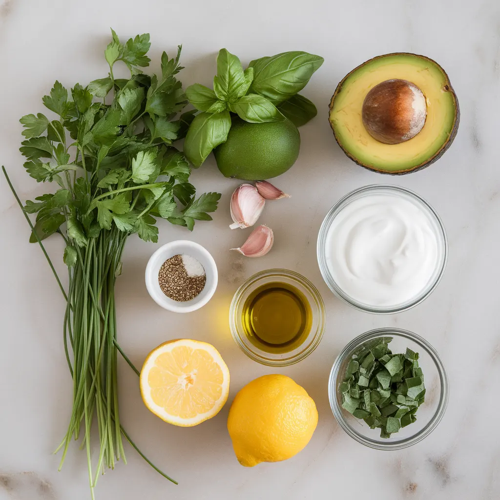 Fresh ingredients for homemade Green Goddess dressing including avocado, basil, parsley, chives, lemon, olive oil, and Greek yogurt.