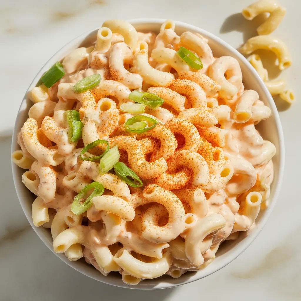 Creamy Hawaiian macaroni salad in a bowl with green onions and paprika