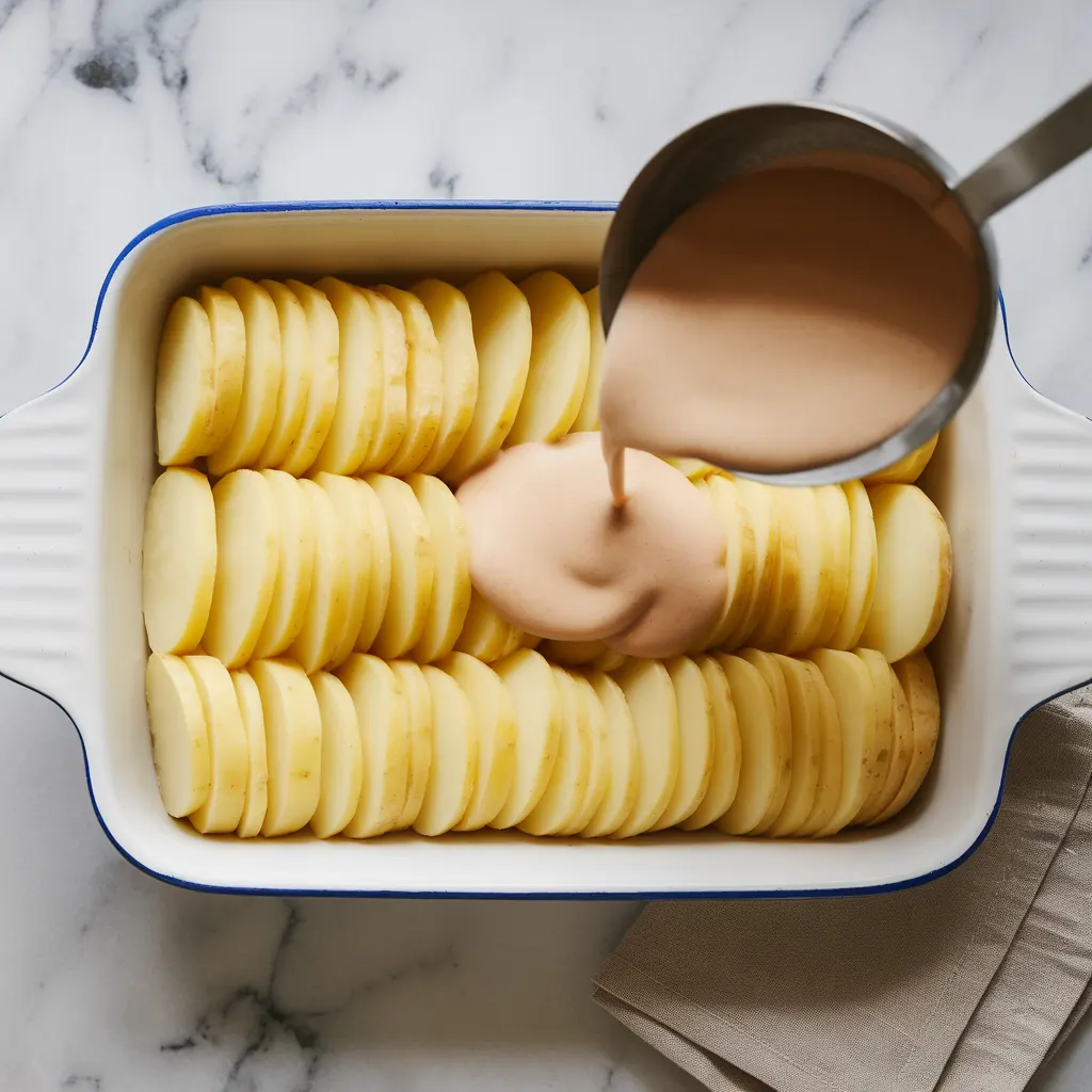 Layering Process Overlapping potato slices in baking dish with creamy sauce being poured over layers for scalloped potatoes