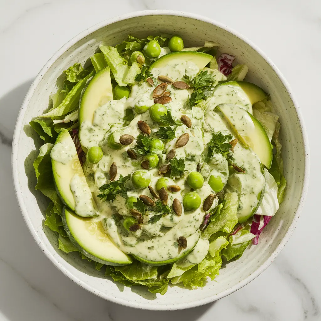 Loaded Green Goddess Salad with avocado, snap peas, cucumber, pumpkin seeds, and creamy herb dressing