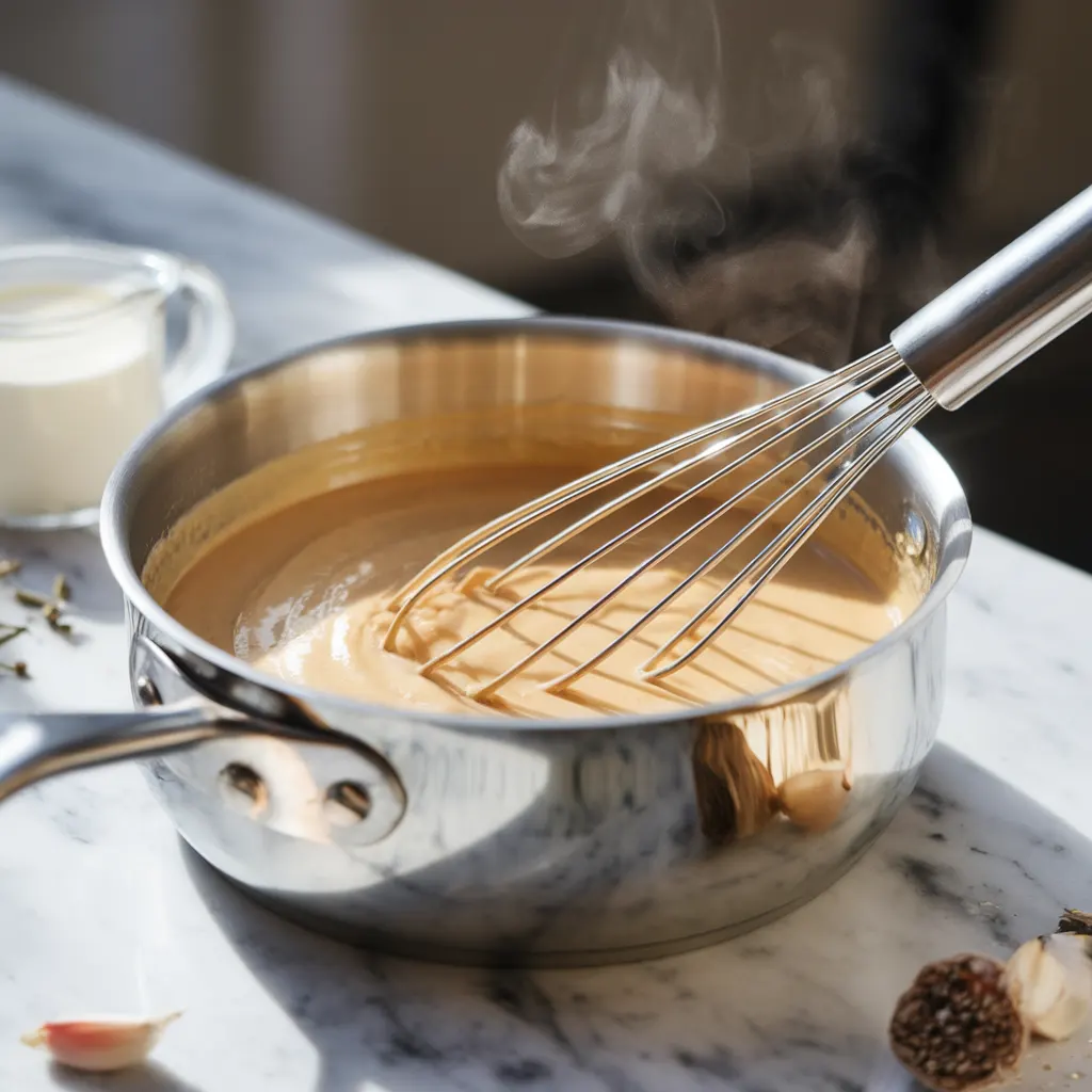 Making Cream Sauce Fresh ingredients for scalloped potatoes recipe including sliced Yukon Gold potatoes, sharp cheddar cheese, cream, and herbs