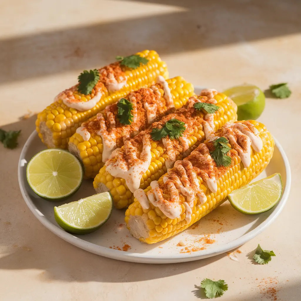 Cozy and inviting platter of authentic Mexican street corn with creamy sauce, cotija cheese, chili powder, and fresh lime wedges.