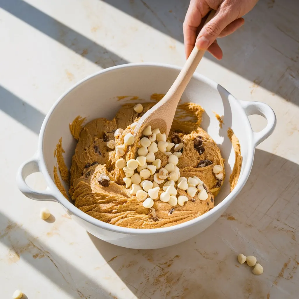 Hands folding white chocolate chips and macadamia nuts into cookie dough with wooden spoon in white ceramic bowl on 