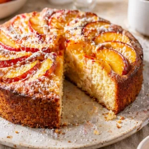 peach ricotta cake with soft texture and juicy peaches, easy elegant dessert
