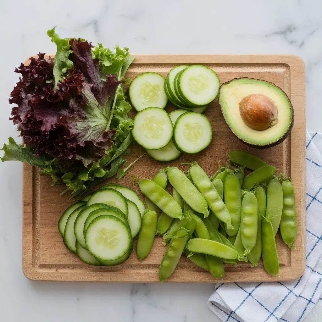 Prepared vegetables for Green Goddess Salad including greens, cucumber slices, snap peas, and avocado on a cutting board.