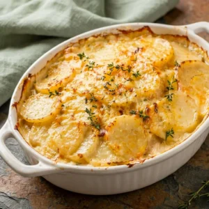 creamy scalloped potatoes with golden top and soft layers, easy baked side dish, perfect for dinner