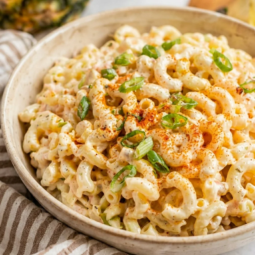 hawaiian macaroni salad with creamy dressing and soft pasta, easy side dish recipe