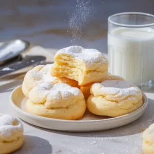 Soft and fluffy cool whip cookies dusted with powdered sugar on a white plate with a glass of milk in the background
