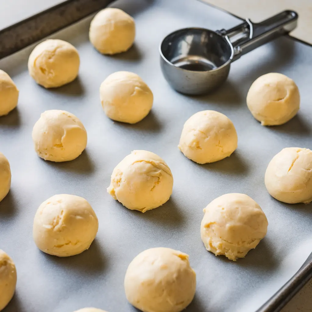 Unbaked cool whip cookie dough Unbaked cool whip cookie dough balls on parchment-lined baking sheet