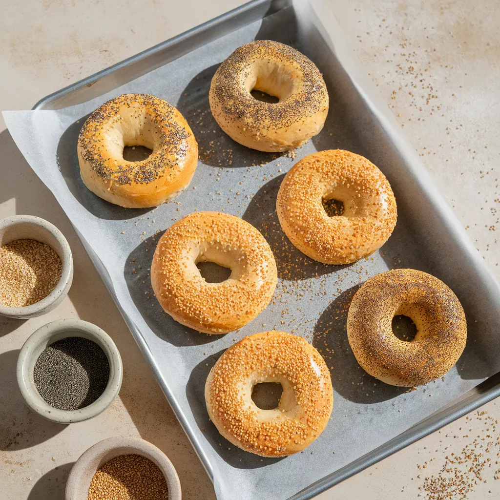 bagels topped with sesame, poppy Raw bagels topped with sesame, poppy, and everything seasoning before baking.