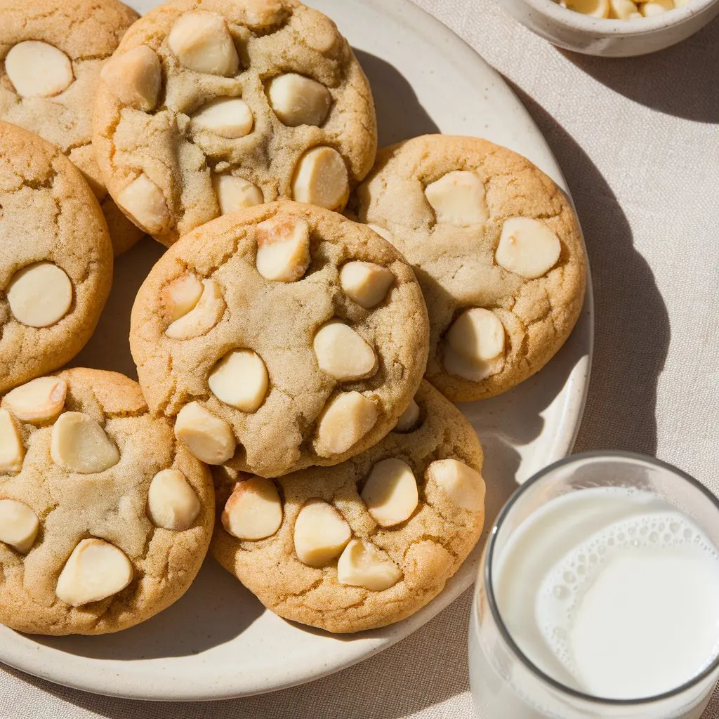 Top-down view of golden-brown white chocolate macadamia nut cookies on ceramic plate with scattered nuts and chocolate chips on linen surface