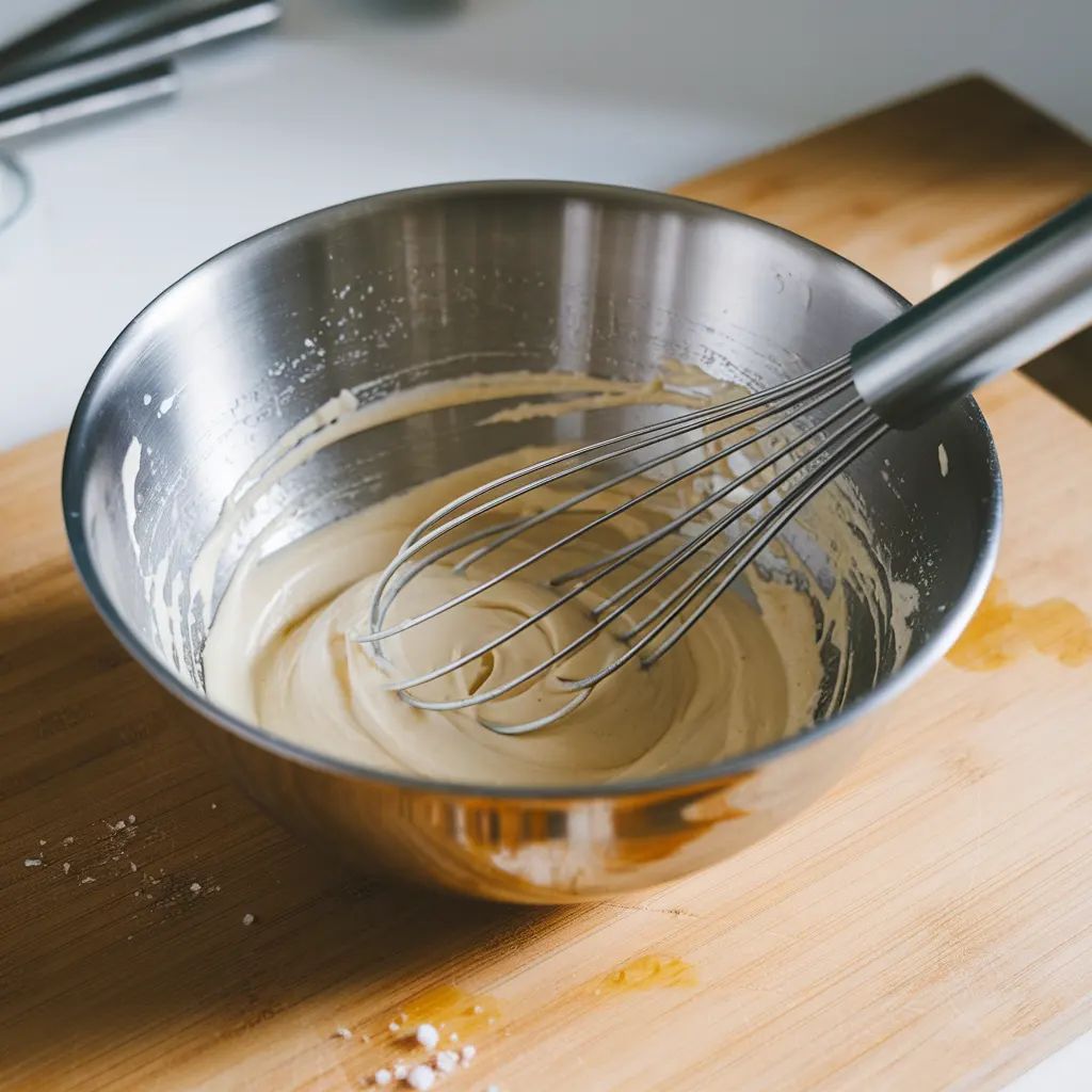 bowl with mayonnaise, apple cider vinegar, sugar, and salt being whisked a bowl with mayonnaise, apple cider vinegar, sugar, and salt being whisked together until smooth