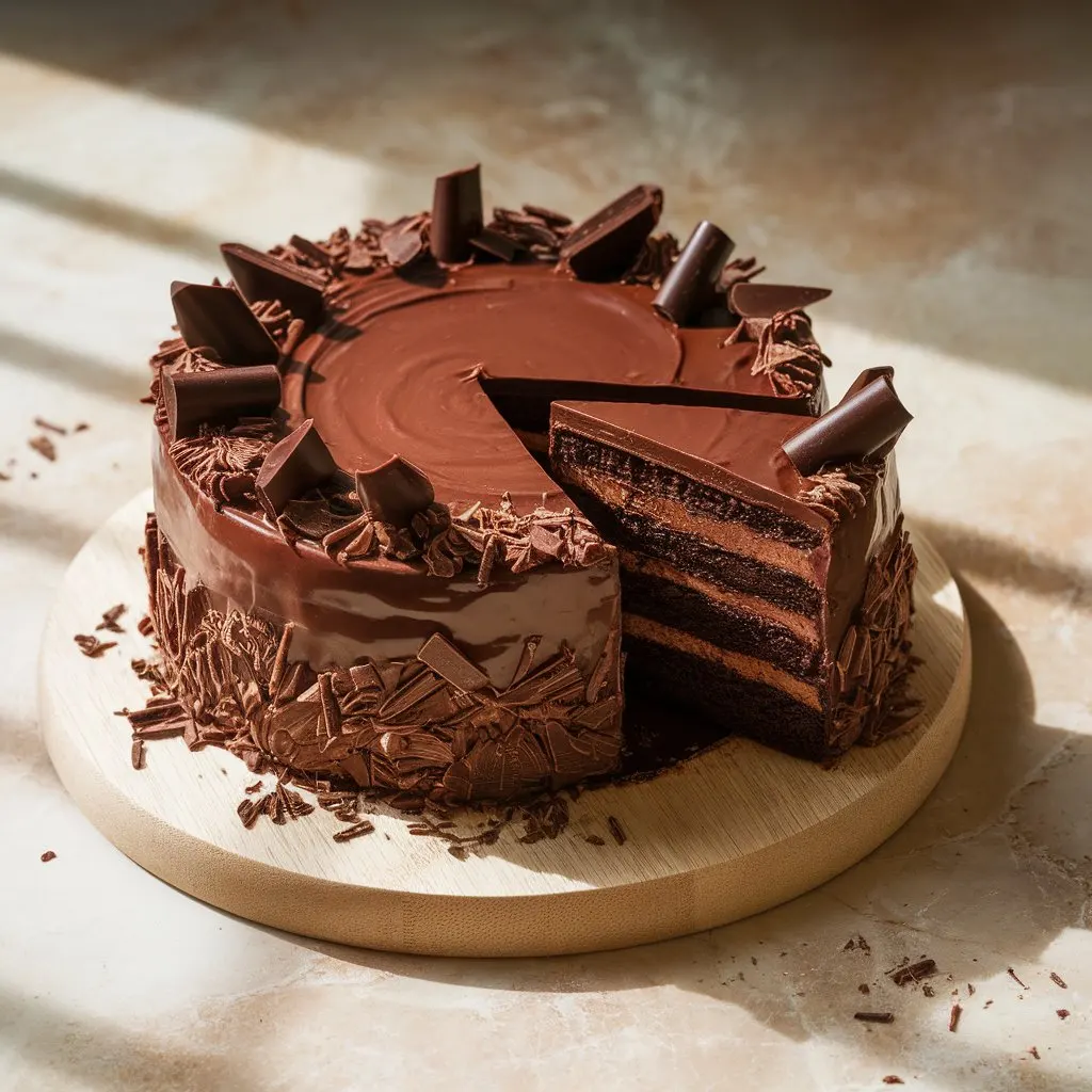 Perfect chocolate ganache cake with glossy ganache topping and one slice cut to show moist chocolate layers