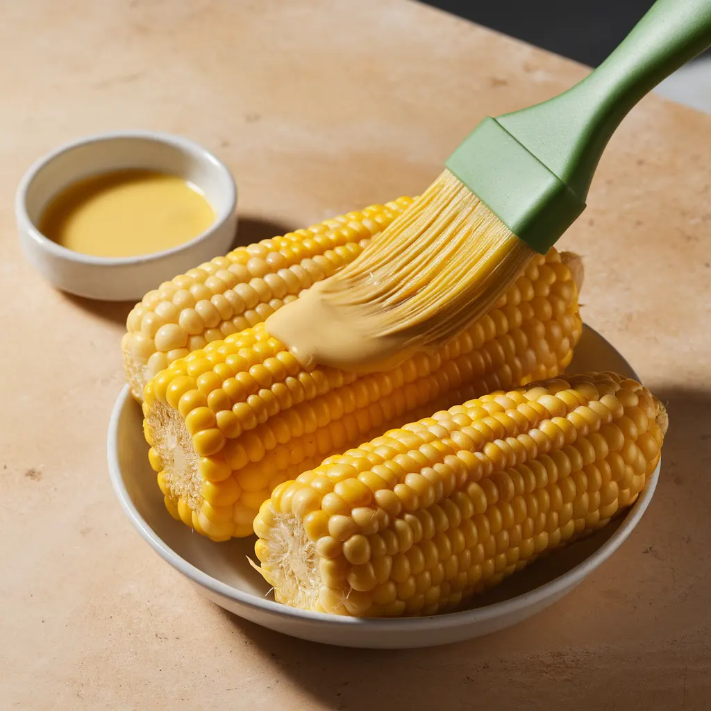 corn cobs being brushed with melted butter Fresh corn cobs brushed with melted butter before grilling for Mexican street corn.