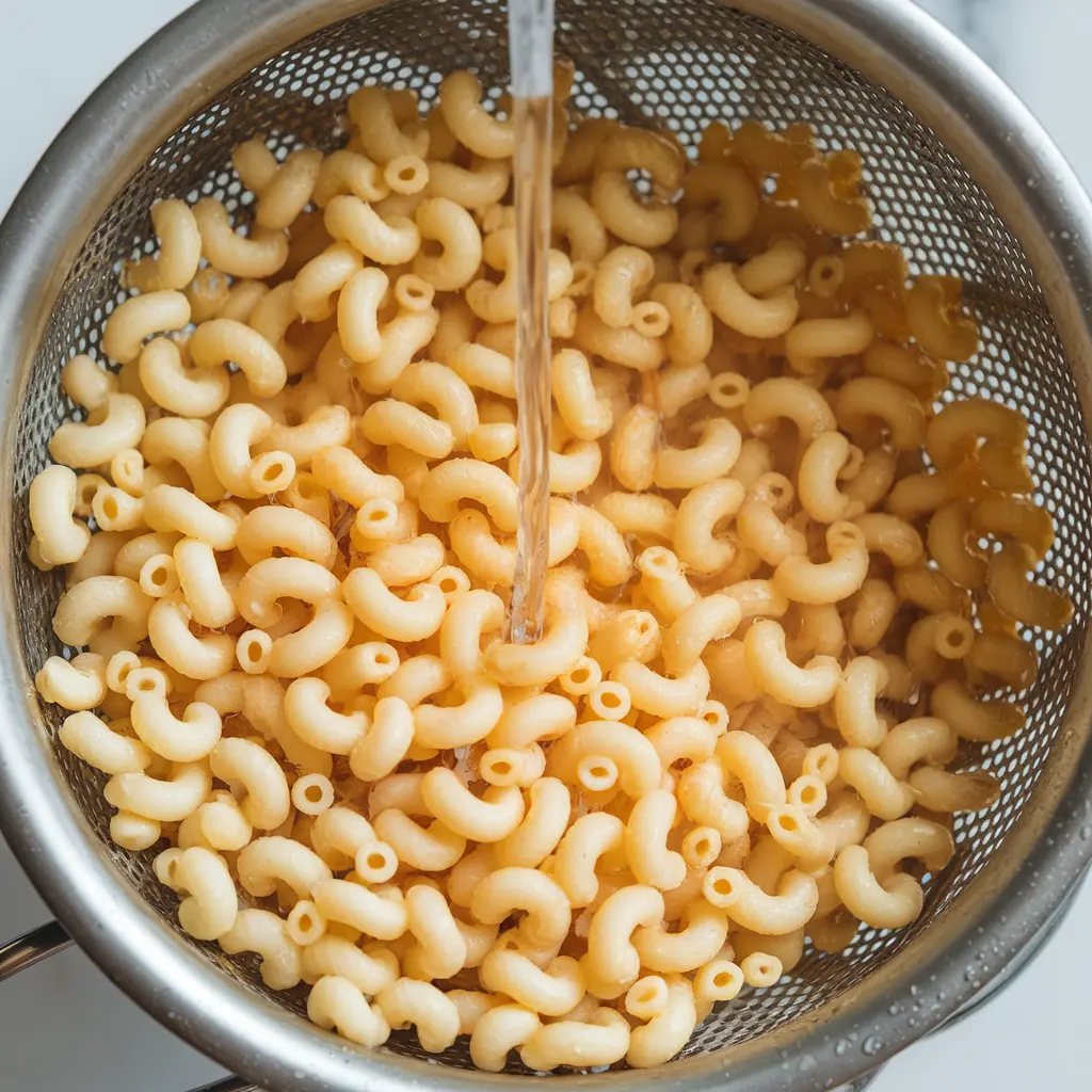 drained pasta in a colander being rinsed under cold water drained pasta in a colander being rinsed under cold water