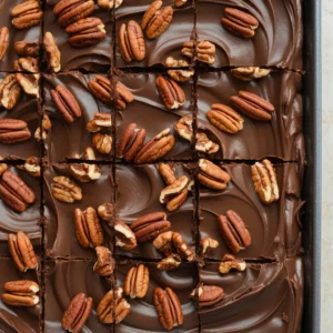 Texas sheet cake cut into squares with glossy chocolate frosting and toasted pecans.