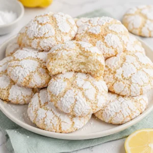 Soft and fluffy Cool Whip cookies dusted with powdered sugar on a white plate, easy homemade crinkle cookies with a light texture and a glass of milk in the background