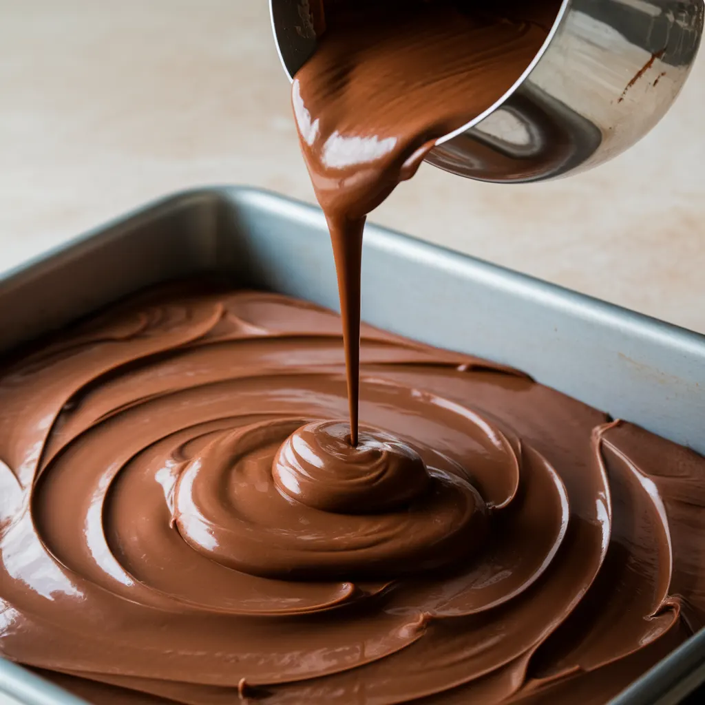 frosting-texas-sheet-cake Warm chocolate frosting being poured over freshly baked Texas sheet cake in a pan.