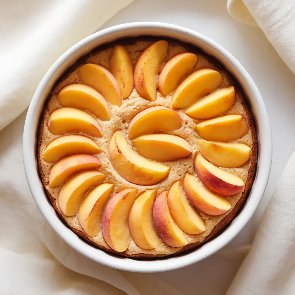 Top-down view of a golden peach ricotta cake with peeled peach slices baked into the surface and a dusting of powdered sugar