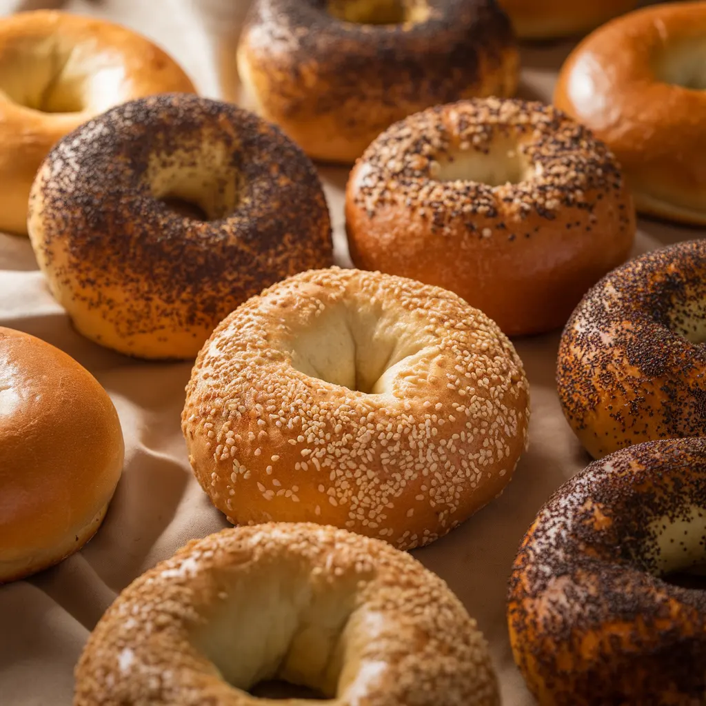 Golden homemade bagels cooling on a wire rack with chewy inside exposed.