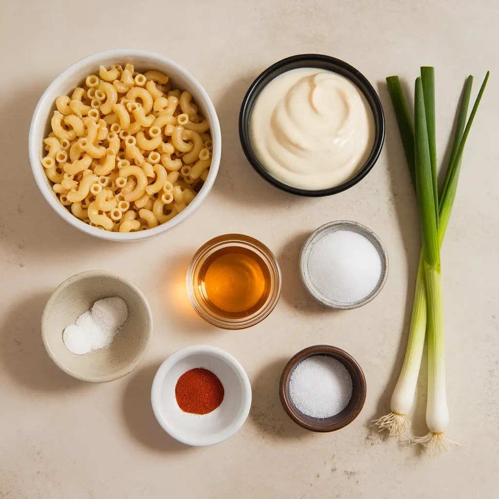 ingredients for Hawaiian macaroni salad Ingredients for Hawaiian macaroni salad including elbow macaroni, mayonnaise, vinegar, sugar, salt, green onions, and paprika