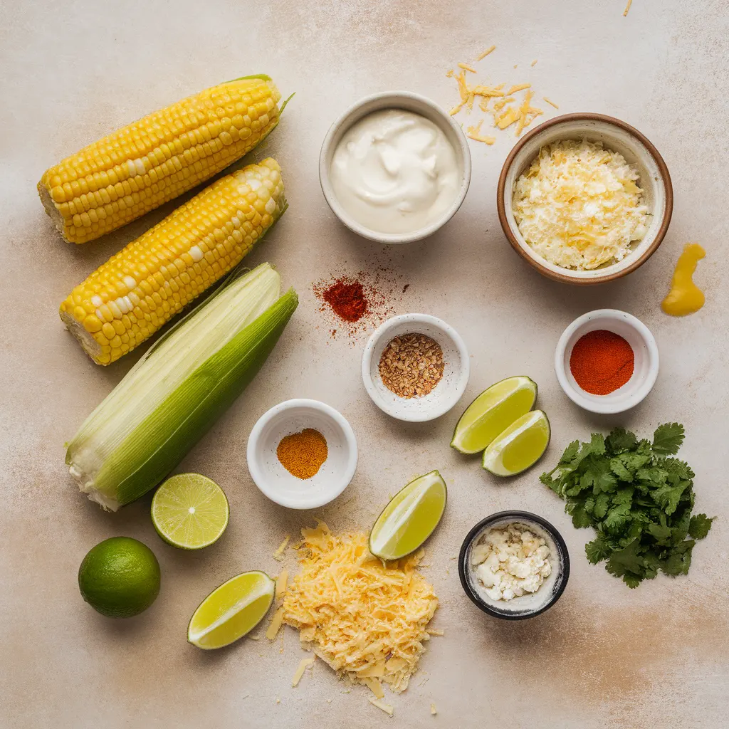 ingredients for Mexican Street Corn Flat lay of fresh corn, cotija cheese, mayo, crema, lime, chili powder, and cilantro for Mexican street corn.