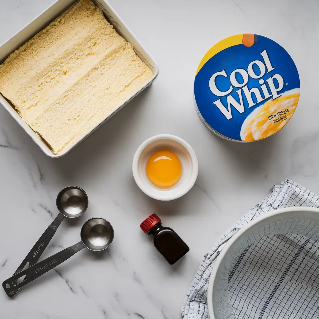 ingredients for cool whip cookies Four simple ingredients for cool whip cookies: cake mix box, Cool Whip container, egg, and vanilla extract
