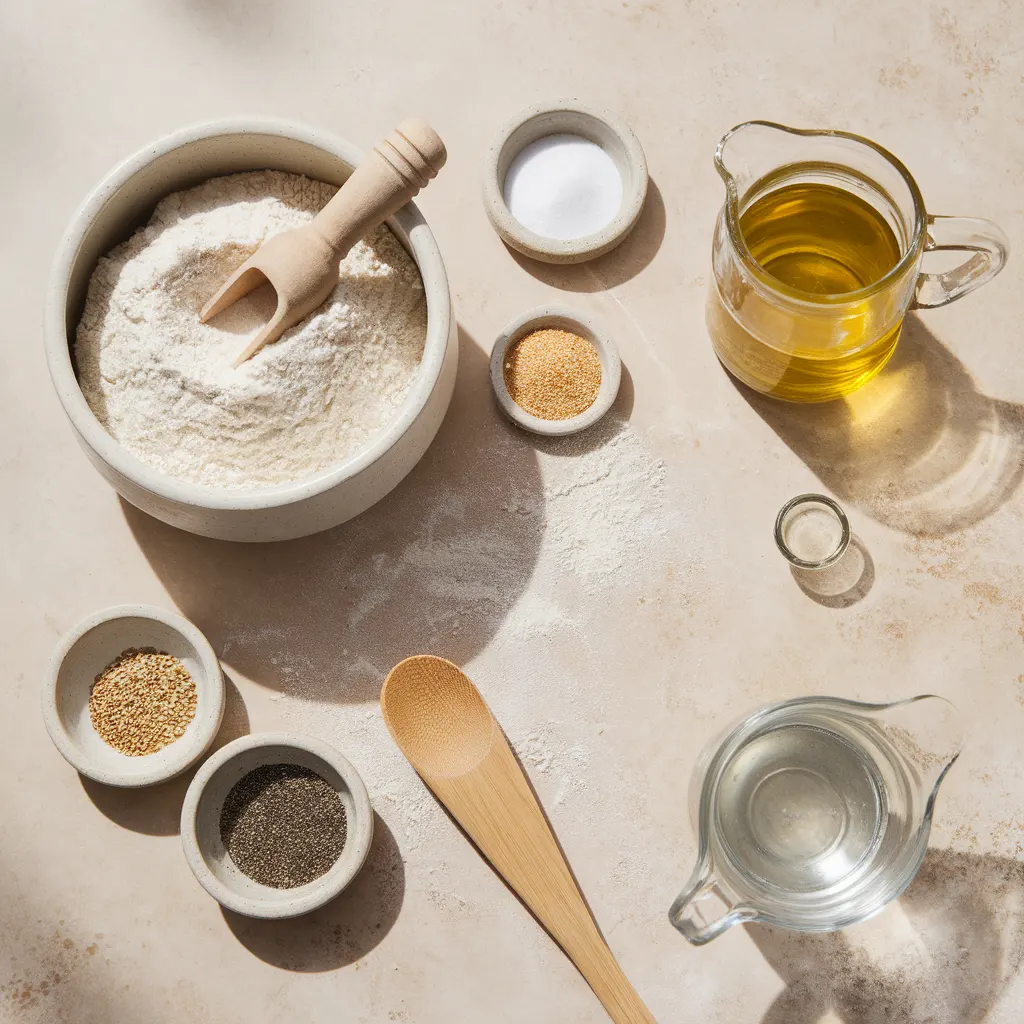 ingredients for homemade bagels Simple ingredients for homemade bagel recipe arranged in bowls and jars