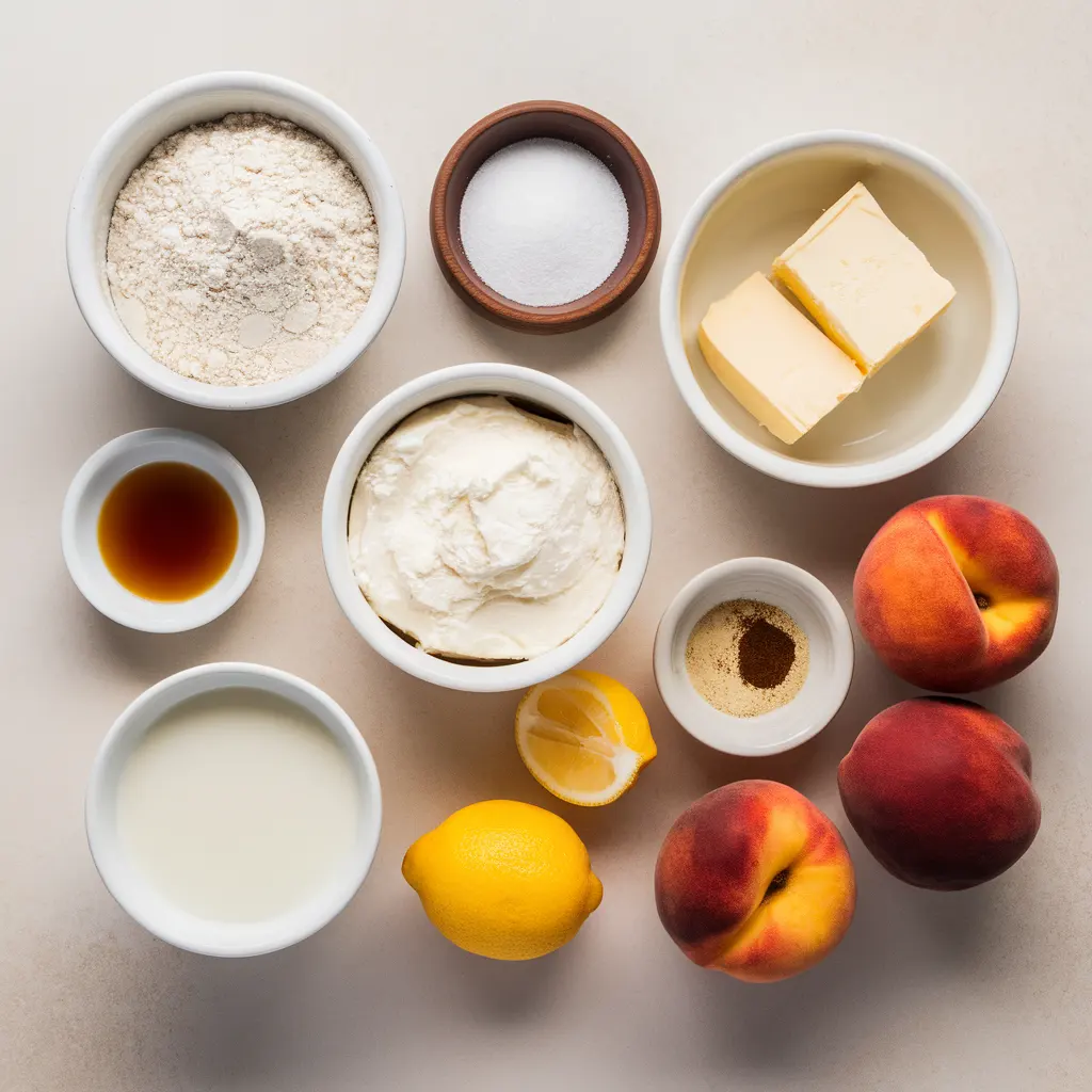 Flat lay of ingredients for peach ricotta cake, including peeled peaches, ricotta, eggs, flour, butter, sugar, and lemon zest arranged neatly