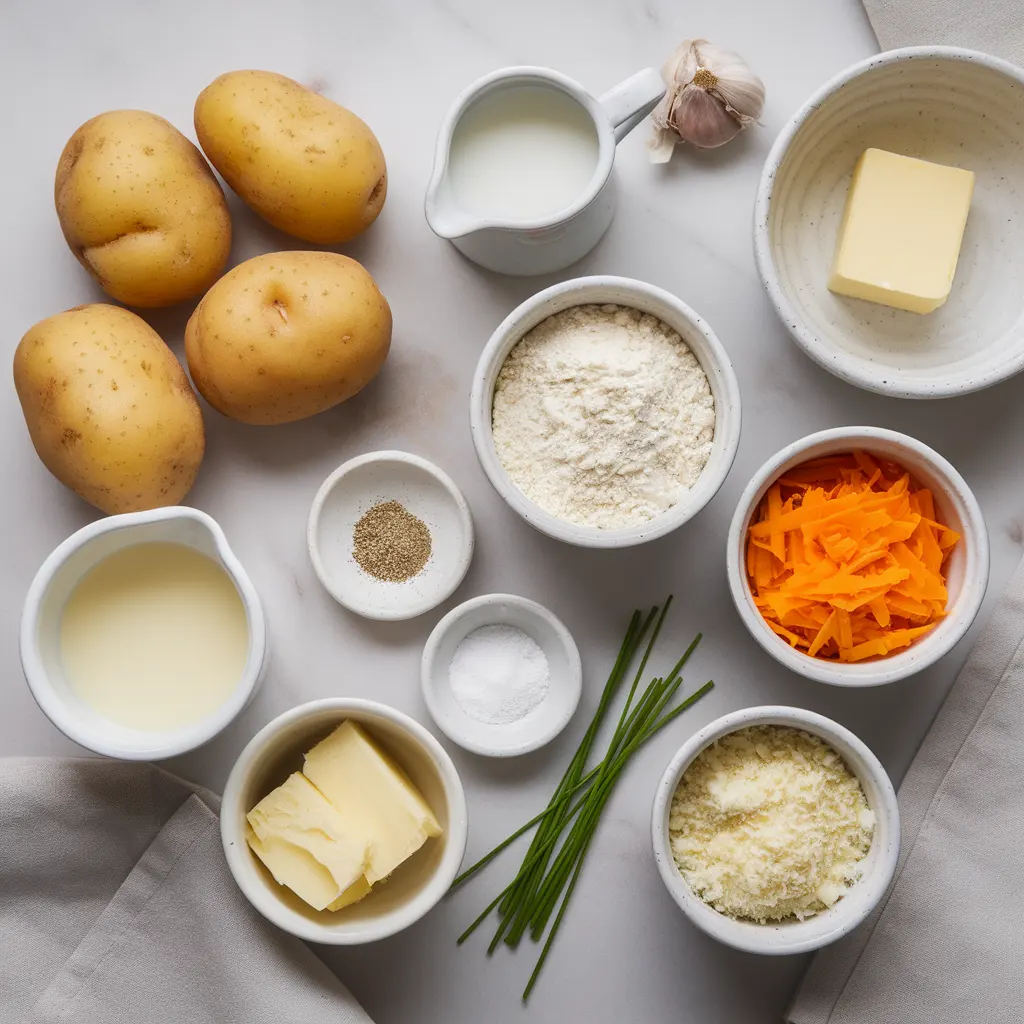ingredients Fresh ingredients for scalloped potatoes recipe including sliced Yukon Gold potatoes, sharp cheddar cheese, cream, and herbs