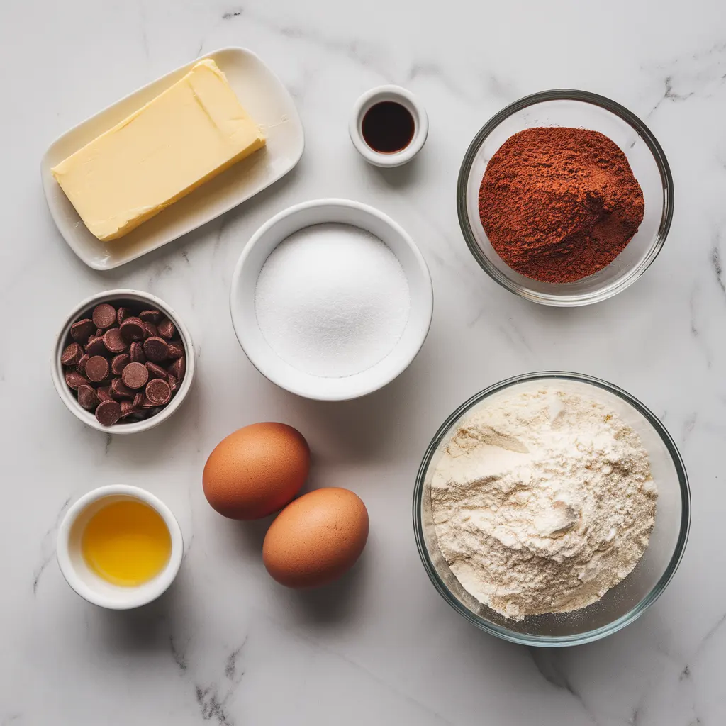Flat lay of simple ingredients for fudgy brownies including butter, cocoa, sugar, eggs, and flour.