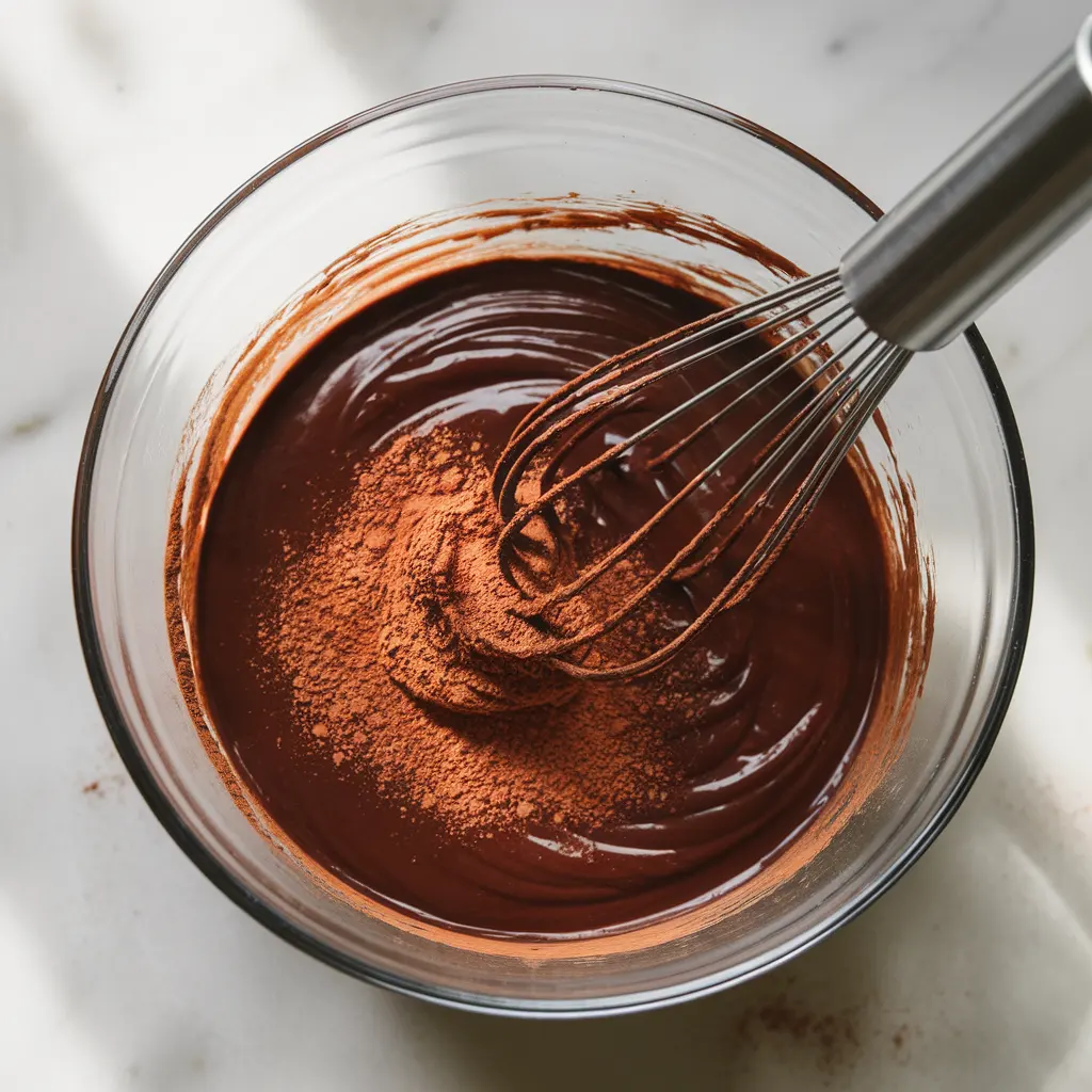 cocoa powder being whisked into glossy chocolate brownie batter.