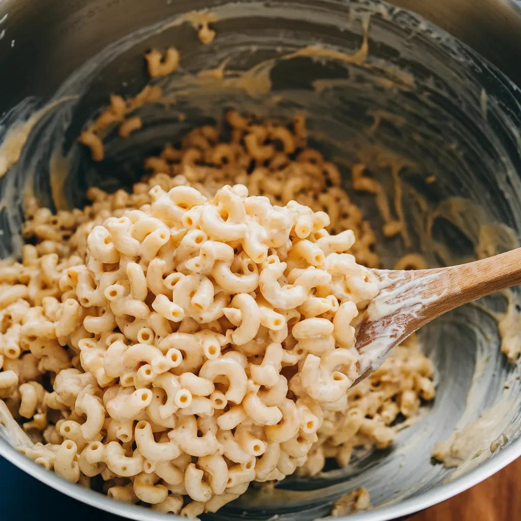 pasta being folded Cooled pasta being folded into creamy dressing for Hawaiian macaroni salad in a mixing bowl.