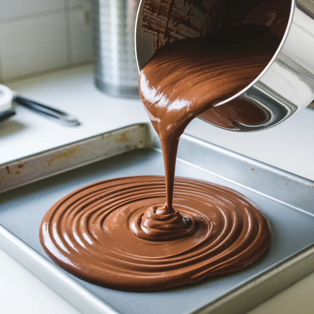 pouring-batter-into-sheet-pan Chocolate sheet cake batter being poured into a greased sheet pan before baking.