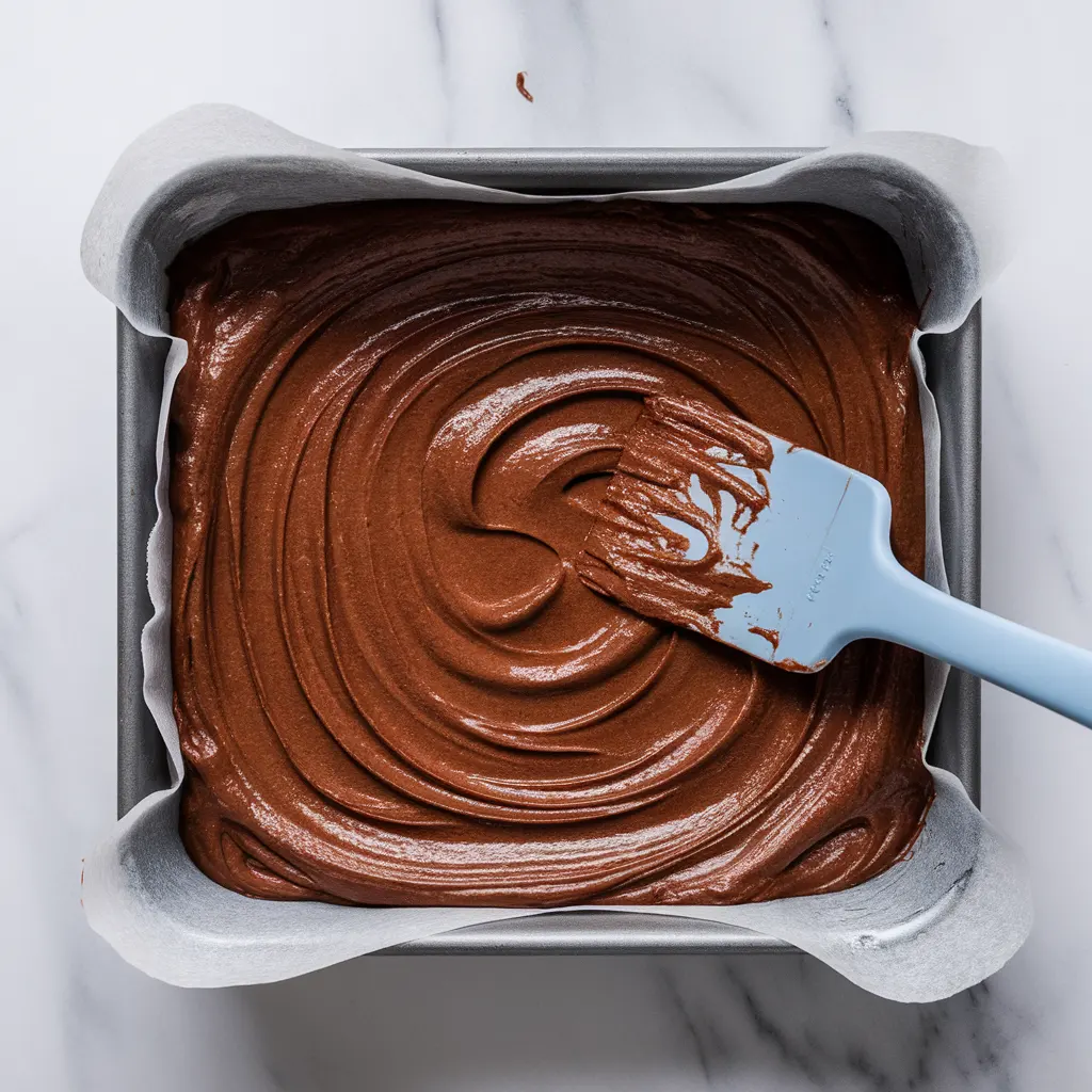 Brownie batter being spread into a parchment-lined baking pan before baking.