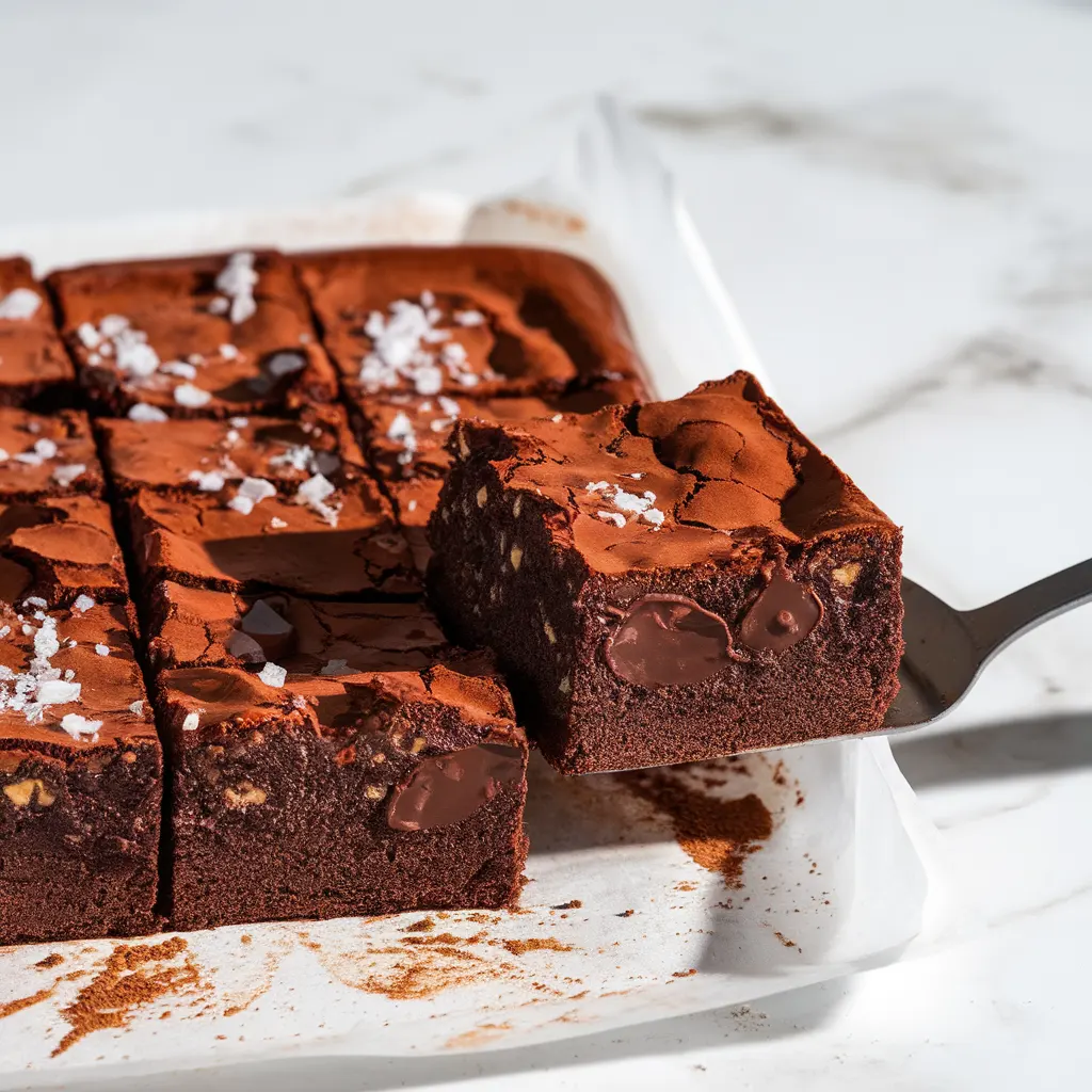 Tray of rich fudgy brownies with shiny crackly tops, one square lifted to reveal gooey chocolate interior.