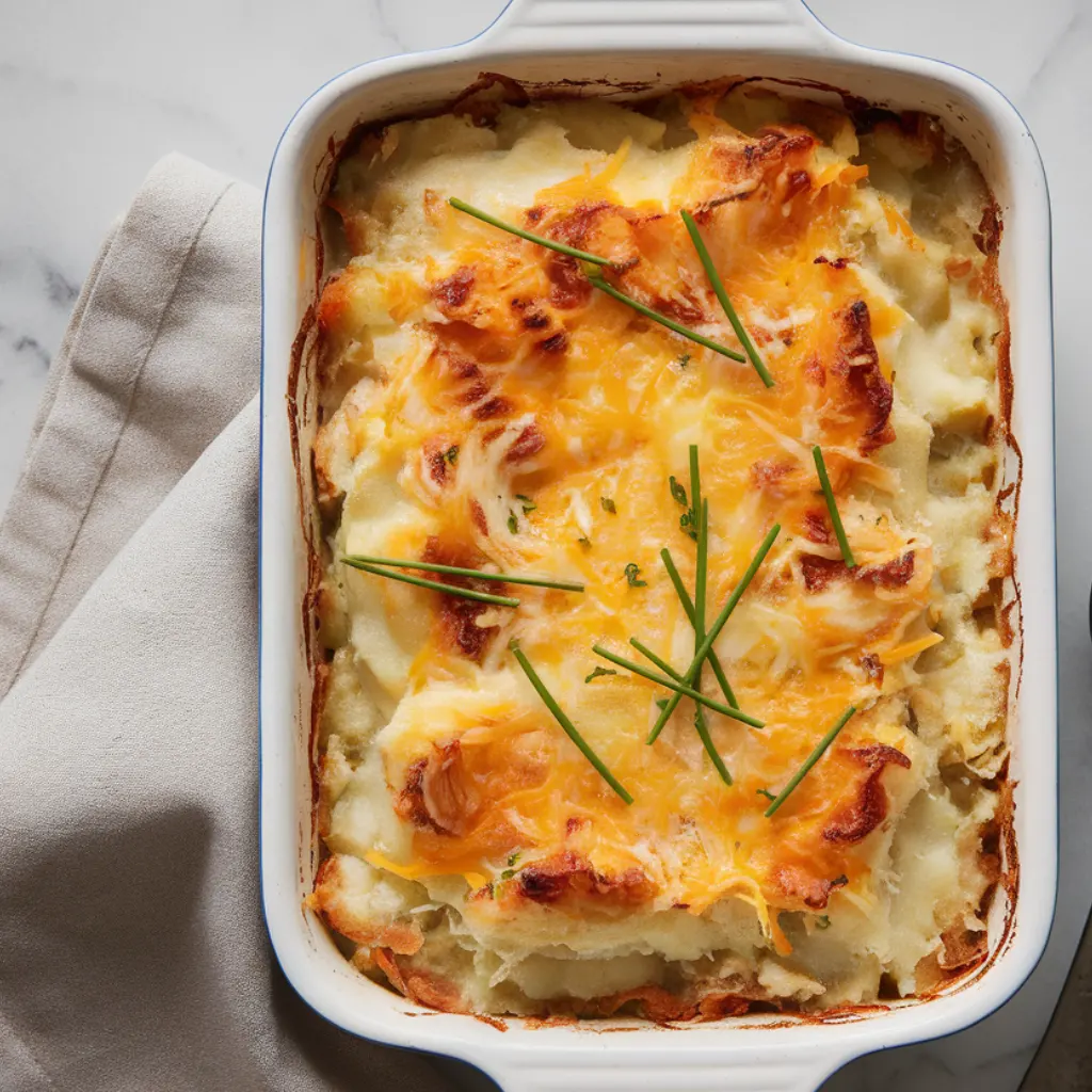 Golden bubbly scalloped potatoes in white ceramic dish