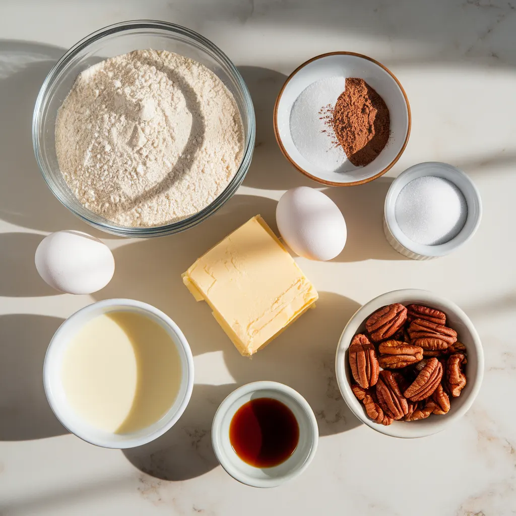 texas-sheet-cake-ingredients Texas sheet cake ingredients including flour, cocoa powder, butter, eggs, buttermilk, and pecans.