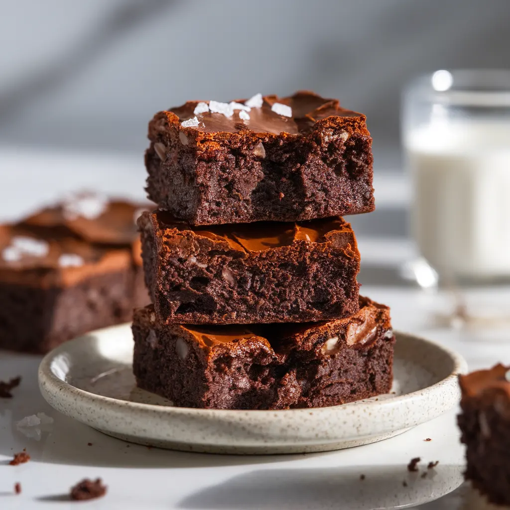 tack of homemade fudgy brownies with rich dense texture on a white plate.