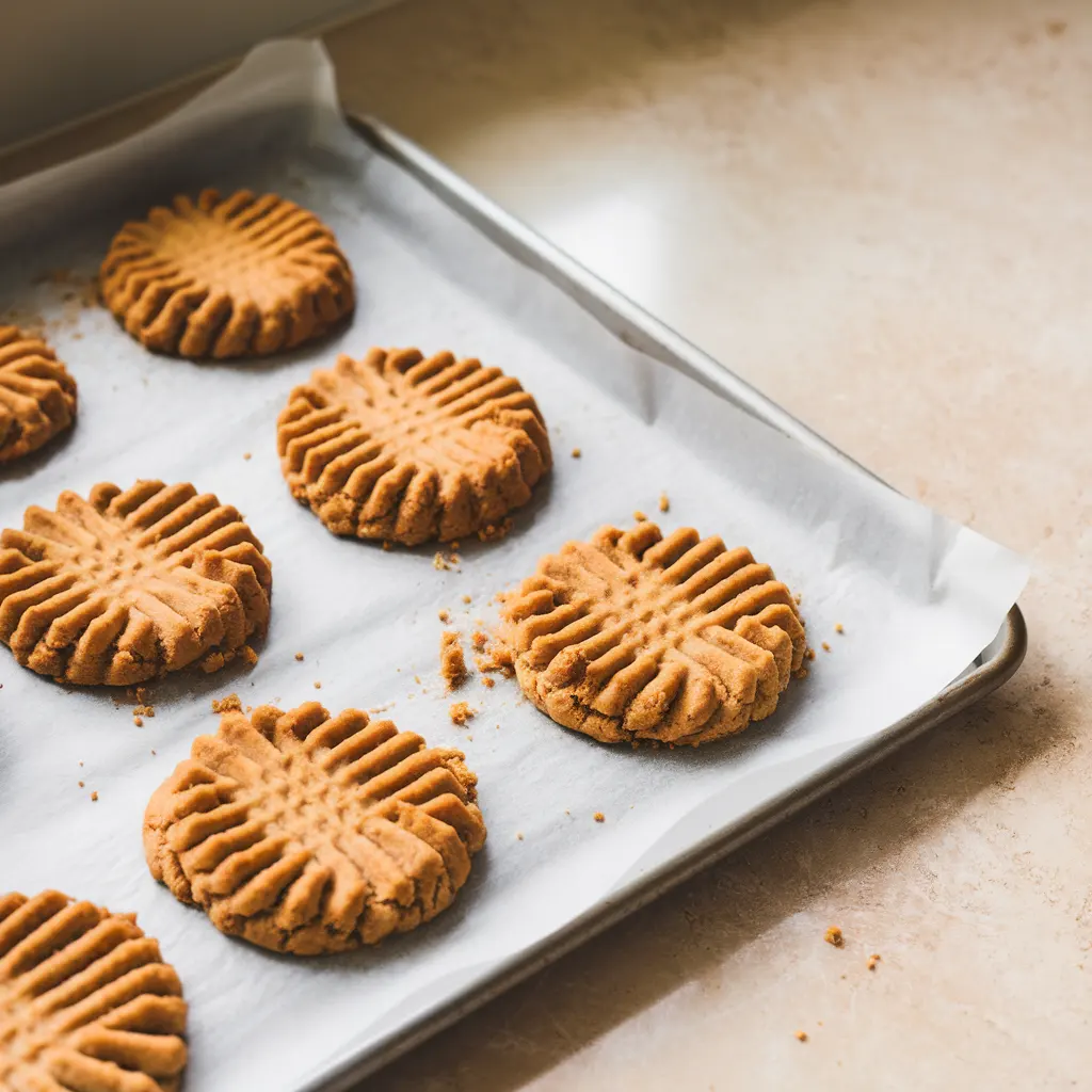 olden-brown peanut butter cookies cooling on a parchment-lined baking sheet.
