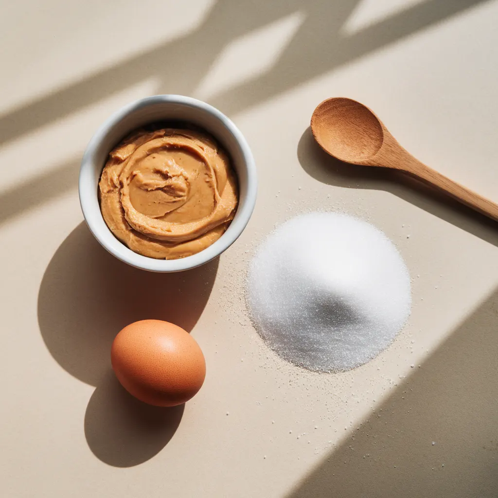 Overhead shot of creamy peanut butter, granulated sugar, and an egg arranged casually.