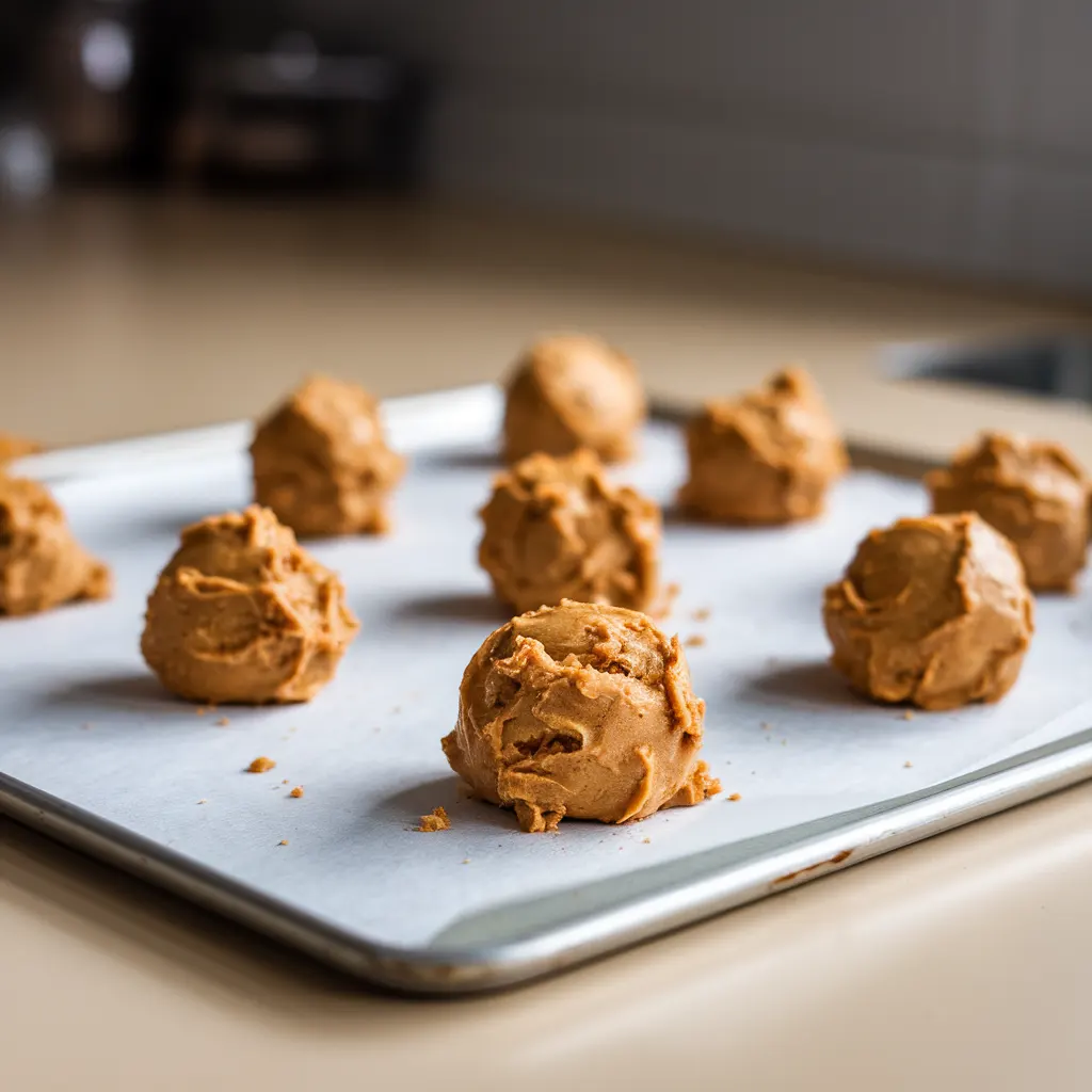 Scoops of peanut butter cookie dough evenly spaced on a parchment-lined baking sheet.