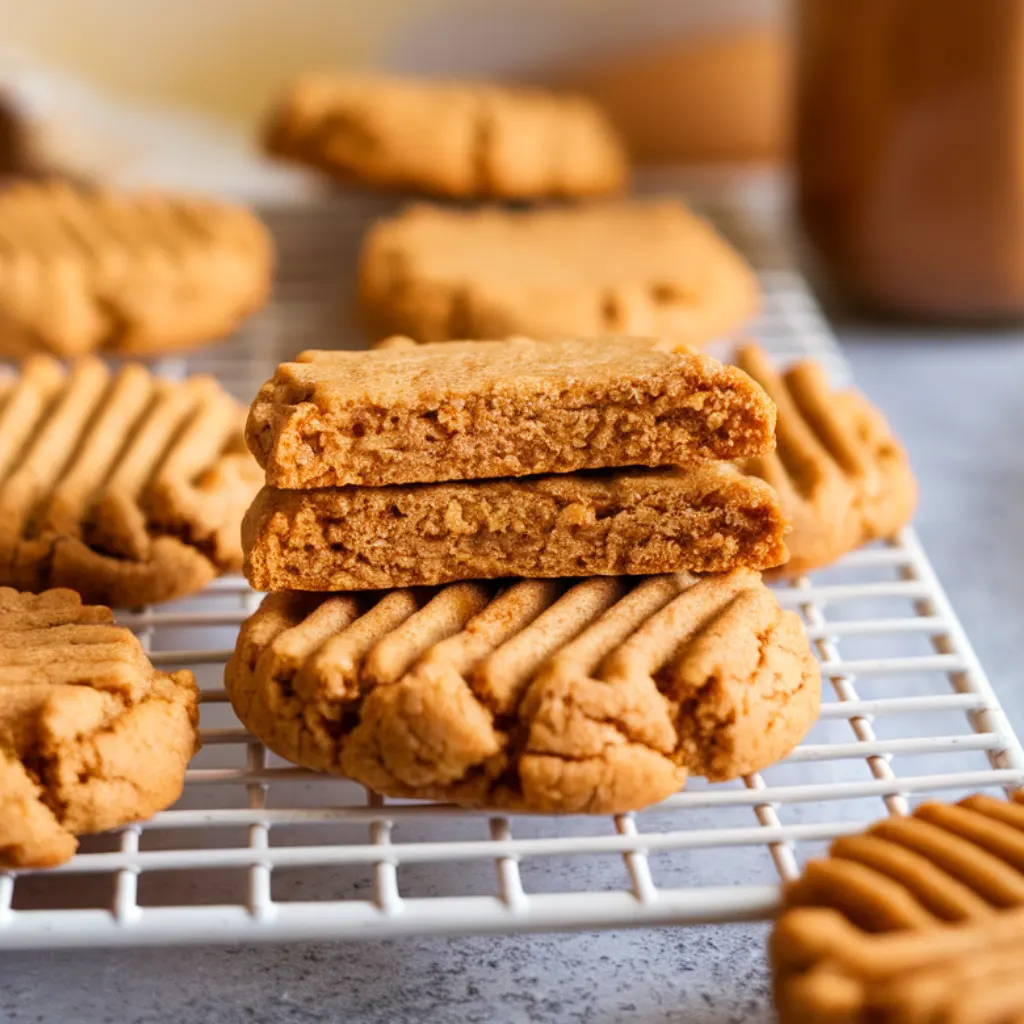 Stack of soft, golden-brown 3-ingredient peanut butter cookies on a plate