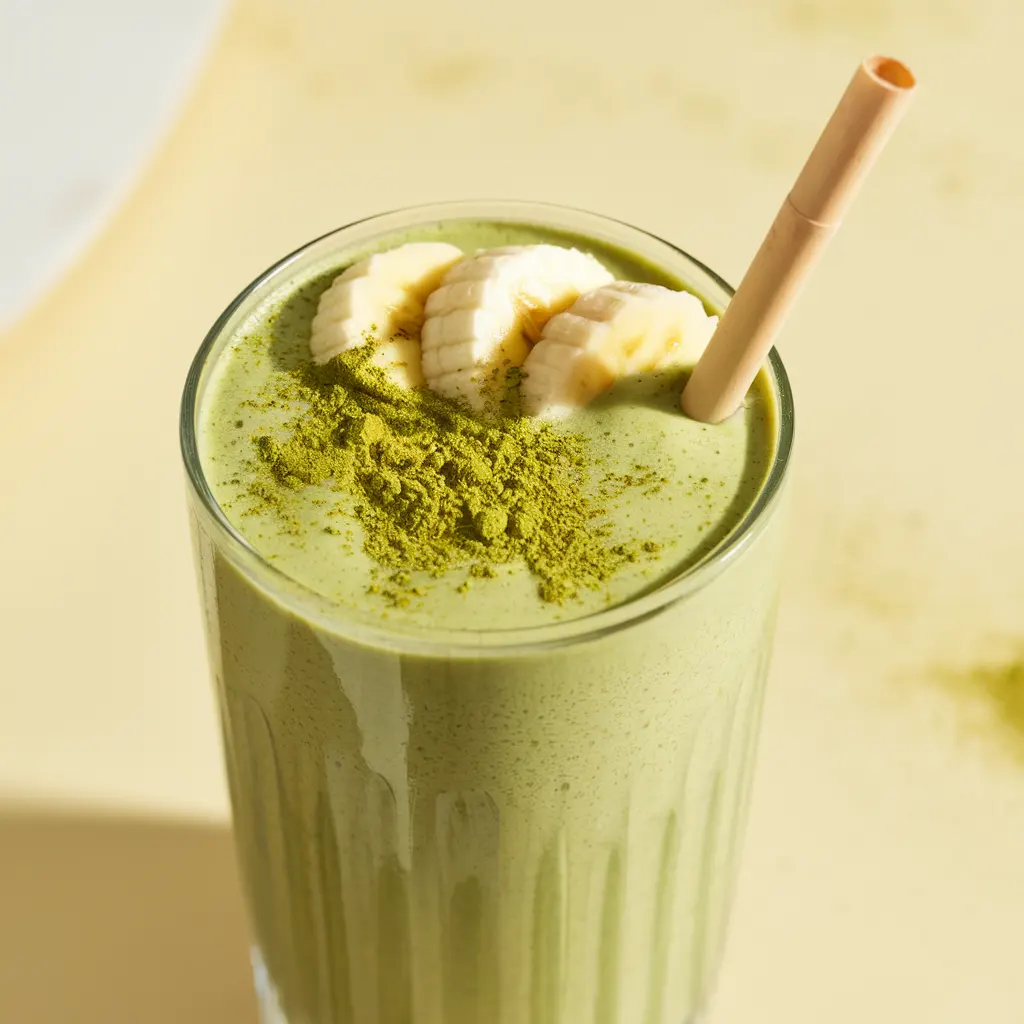 thick and creamy banana matcha smoothie in a clear glass with matcha dusting, banana slices