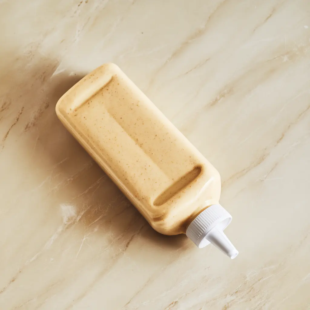 Batter in Squeeze Bottle Squeeze bottle filled with pancake batter on marble counter