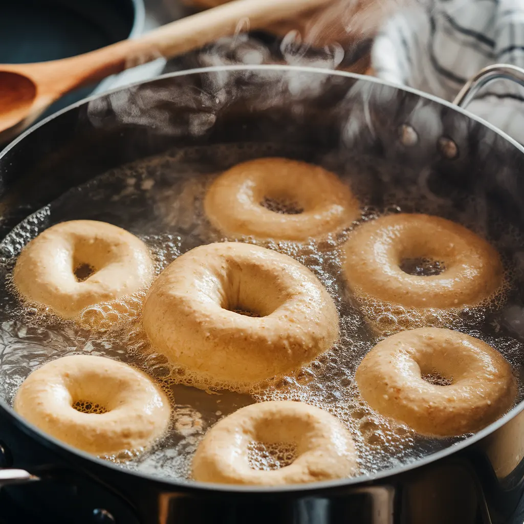 raw asiago bagels boiling in a pot of water with honey